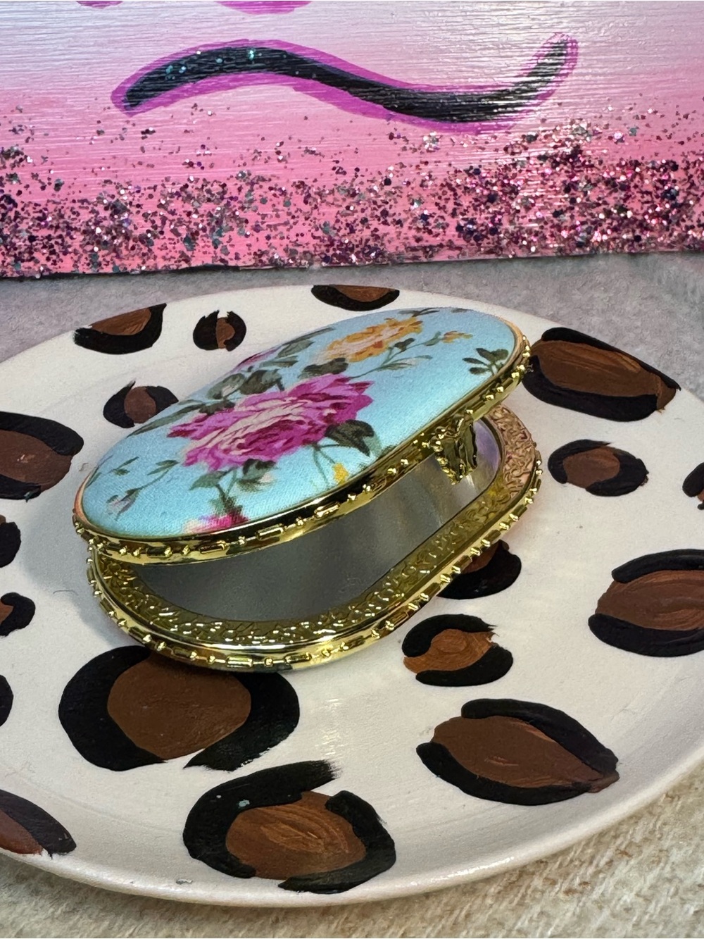 Floral Blue Oval Mirror with Gold Tone Trim